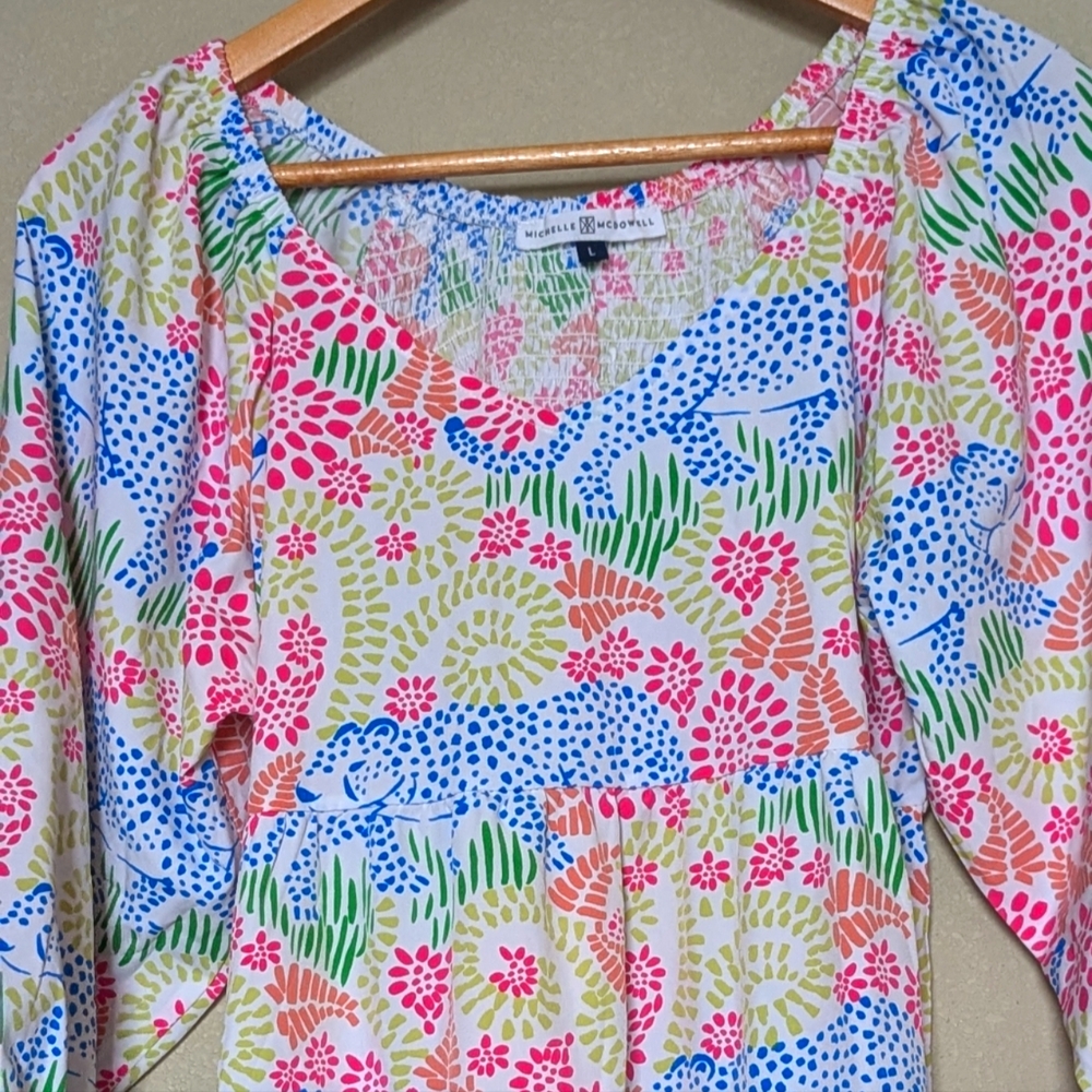 Michelle McDowell Sophia Tiered Dress Large Smocked Stretchy 3/4 Sleeves - Picture 2 of 11